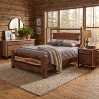 Rustic Walnut Bed: Some lifestyle images are created with AI for visualization purposes. Crafted from natural solid wood, each piece is unique and will vary.