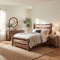 Rustic Walnut Bed: Some lifestyle images are created with AI for visualization purposes. Crafted from natural solid wood, each piece is unique and will vary.
