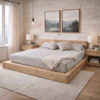 Solid Wood Platform Bed: Some lifestyle images are created with AI for visualization purposes. Crafted from natural solid wood, each piece is unique and will vary.
