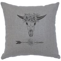 Bull & Flowers Image Decor Pillow - Gray Linen