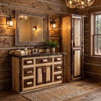 Rustic Log Vanity: Some lifestyle images are created with AI for visualization purposes. Crafted from natural solid wood, each piece is unique and will vary.