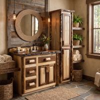 Rustic Log Vanity: Some lifestyle images are created with AI for visualization purposes. Crafted from natural solid wood, each piece is unique and will vary.