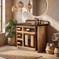 Rustic Log Vanity: Some lifestyle images are created with AI for visualization purposes. Crafted from natural solid wood, each piece is unique and will vary.