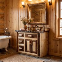 Rustic Log Vanity: Some lifestyle images are created with AI for visualization purposes. Crafted from natural solid wood, each piece is unique and will vary.