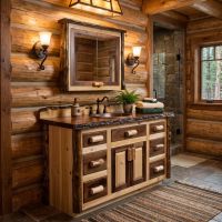 Log Medicine Cabinet: Some lifestyle images are created with AI for visualization purposes. Crafted from natural solid wood, each piece is unique and will vary.