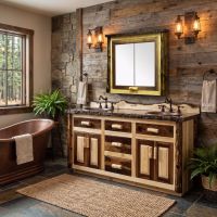 Log Medicine Cabinet: Some lifestyle images are created with AI for visualization purposes. Crafted from natural solid wood, each piece is unique and will vary.