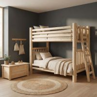 Rustic Bunk Bed: Some lifestyle images are created with AI for visualization purposes. Crafted from natural solid wood, each piece is unique and will vary.