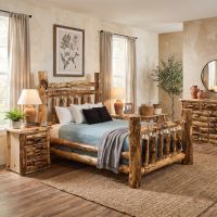 Rustic Aspen Log Bed: Some lifestyle images are created with AI for visualization purposes. Crafted from natural solid wood, each piece is unique and will vary.