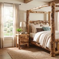Aspen Log Nightstand: Some lifestyle images are created with AI for visualization purposes. Crafted from natural solid wood, each piece is unique and will vary.
