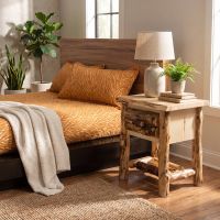 Rustic Aspen Nightstand: Some lifestyle images are created with AI for visualization purposes. Crafted from natural solid wood, each piece is unique and will vary.