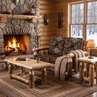 Aspen Log Loveseat: Some lifestyle images are created with AI for visualization purposes. Crafted from natural solid wood, each piece is unique and will vary.