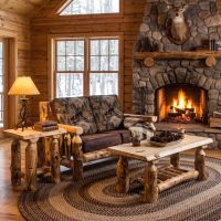 Aspen Log Loveseat: Some lifestyle images are created with AI for visualization purposes. Crafted from natural solid wood, each piece is unique and will vary.