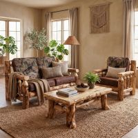 Aspen Log Loveseat: Some lifestyle images are created with AI for visualization purposes. Crafted from natural solid wood, each piece is unique and will vary.