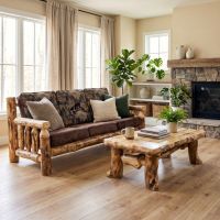 Aspen Log Sofa: Some lifestyle images are created with AI for visualization purposes. Crafted from natural solid wood, each piece is unique and will vary.