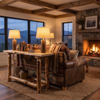 Rustic Aspen Sofa Table: Some lifestyle images are created with AI for visualization purposes. Crafted from natural solid wood, each piece is unique and will vary.