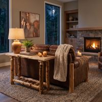 Rustic Aspen Sofa Table: Some lifestyle images are created with AI for visualization purposes. Crafted from natural solid wood, each piece is unique and will vary.