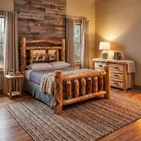 Rustic Log Bed: Some lifestyle images are created with AI for visualization purposes. Crafted from natural solid wood, each piece is unique and will vary.