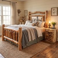 Rustic Log Bed: Some lifestyle images are created with AI for visualization purposes. Crafted from natural solid wood, each piece is unique and will vary.