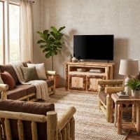 Aspen TV Stand: Some lifestyle images are created with AI for visualization purposes. Crafted from natural solid wood, each piece is unique and will vary.