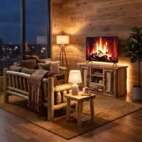 Rustic TV Stand: Some lifestyle images are created with AI for visualization purposes. Crafted from natural solid wood, each piece is unique and will vary.