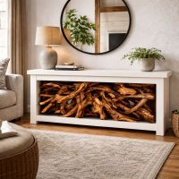 Sculptural Wood Console: Some lifestyle images are created with AI for visualization purposes. Crafted from natural solid wood, each piece is unique and will vary.