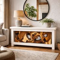 Sculptural Wood Console: Some lifestyle images are created with AI for visualization purposes. Crafted from natural solid wood, each piece is unique and will vary.