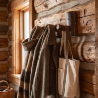 Log Hanging Bracket: Some lifestyle images are created with AI for visualization purposes. Crafted from natural solid wood, each piece is unique and will vary.