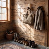 Log Hanging Bracket: Some lifestyle images are created with AI for visualization purposes. Crafted from natural solid wood, each piece is unique and will vary.