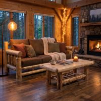 Cedar Log Sofa: Some lifestyle images are created with AI for visualization purposes. Crafted from natural solid wood, each piece is unique and will vary.