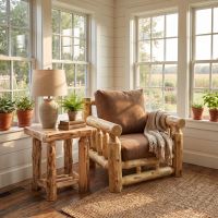 Cedar Log Chair: Some lifestyle images are created with AI for visualization purposes. Crafted from natural solid wood, each piece is unique and will vary.