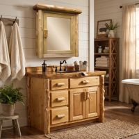 Log Medicine Cabinet: Some lifestyle images are created with AI for visualization purposes. Crafted from natural solid wood, each piece is unique and will vary.
