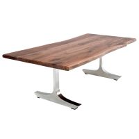Contemporary Rustic Live Edge Plank Writing Desk - Black Walnut Desk Top - Natural Clear Finish - Silver Steel Base