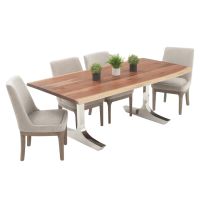 Contemporary Rustic Plank Dining Table - Live Edge Golden Walnut Table Top - Natural Clear Table Top Finish - Silver Steel Table Base