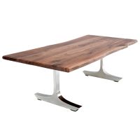 Contemporary Rustic Plank Dining Table - Live Edge Black Walnut Table Top - Natural Clear Table Top Finish - Silver Steel Table Base