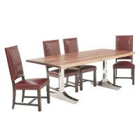 Contemporary Rustic Plank Dining Table - Live Edge Golden Walnut Table Top - Natural Clear Table Top Finish - Silver Steel Table Base