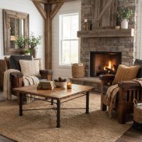 Barn Wood Coffee Table: Some lifestyle images are created with AI for visualization purposes. Crafted from natural solid wood, each piece is unique and will vary.