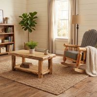 Aspen Log Coffee Table: Some lifestyle images are created with AI for visualization purposes. Crafted from natural solid wood, each piece is unique and will vary.