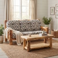 Aspen Log Coffee Table: Some lifestyle images are created with AI for visualization purposes. Crafted from natural solid wood, each piece is unique and will vary.