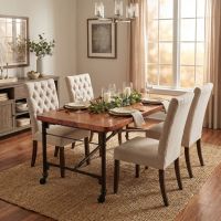 Copper Dining Table: Some lifestyle images are created with AI for visualization purposes. Crafted from natural solid wood, each piece is unique and will vary.
