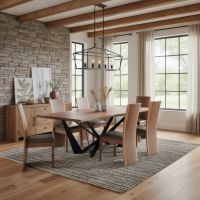 Modern Rustic Dining Table: Some lifestyle images are created with AI for visualization purposes. Crafted from natural solid wood, each piece is unique and will vary.