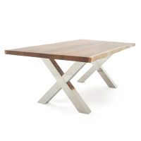 XX Hardwood Modern Dining Table - Live Edge Golden Walnut - Natural Clear Table Top Finish - Silver Steel Table Base