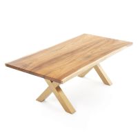 XX Hardwood Modern Dining Table - Live Edge Golden Walnut - Natural Clear Table Top Finish - Gold Steel Table Base