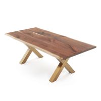 XX Hardwood Modern Dining Table - Live Edge Black Walnut - Natural Clear Table Top Finish - Gold Steel Table Base