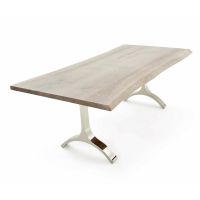 CUSTOM FINISH - Contemporary Crescent Solid Wood Dining Table - Live Edge Black Walnut Table Top - CUSTOM Bleached Table Top Finish - Silver Steel Table Base