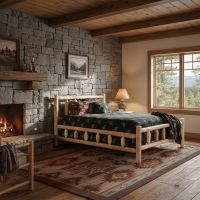 Rustic Cedar Low-Profile Bed: Some lifestyle images are created with AI for visualization purposes. Crafted from natural solid wood, each piece is unique and will vary.
