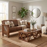 Rustic Barnwood Sofa: Some lifestyle images are created with AI for visualization purposes. Crafted from natural solid wood, each piece is unique and will vary.