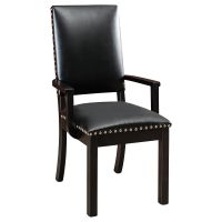 Lynbrook Modern Upholstered Dining Arm Chair - Ebony Frame Finish - Black Leather Upholstery - 5/8" Nickel Nail Head Trim
