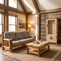 Rustic Log Sofa: Some lifestyle images are created with AI for visualization purposes. Crafted from natural solid wood, each piece is unique and will vary.