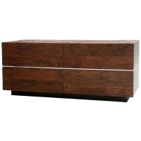 Modern Chic 4 Drawer Wood TV Stand shown in Reclaimed Wood with Silver Steel Accents