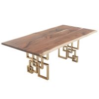 Modern Geometric Natural Wood Dining Table - Liver Edge Black Walnut Tabletop - Natural Clear Tabletop Finish - Gold Steel Table Base